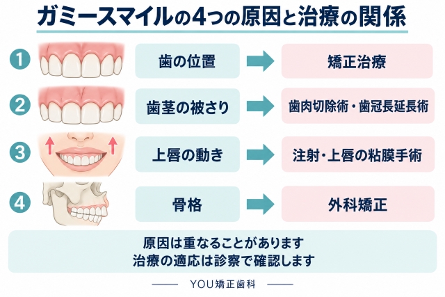 ガミースマイルの4つの原因と治療の関係