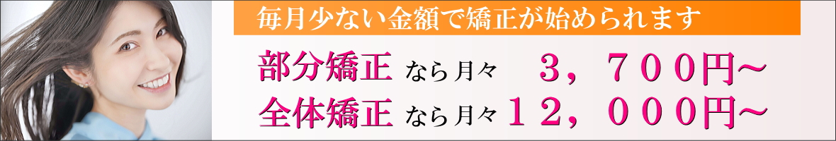 部分矯正なら月々　３，７００円～全体矯正なら月々１２，０００円～